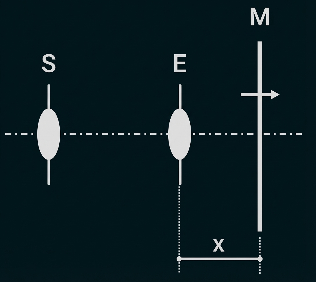 Drei vertikale Elemente S, E, M auf einer Mittellinie; Abstand x von E zum rechten Element M markiert.